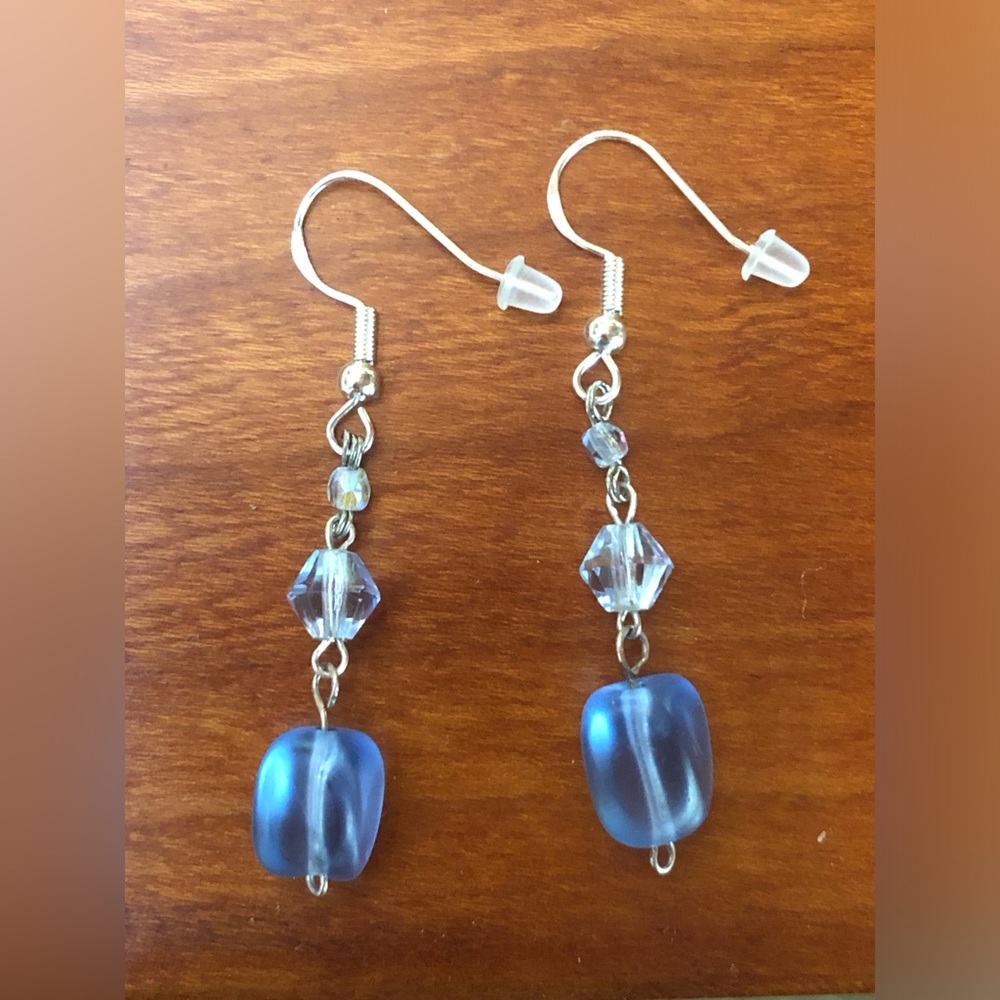 HAND CRAFTED Ice Blue "Sea Glass" Bead & Swarovski Crystal Accent Drop Earrings - Picture 5 of 14